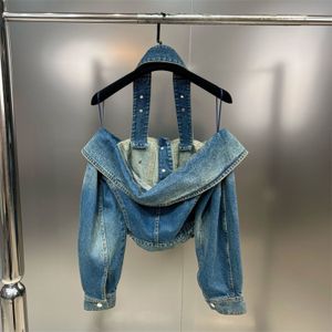 Kadın Ceketleri Moda Omuz Kotu Ceket Kadınlar İçin Uzun Kollu Seksi İnce Boyun Kemeri Dış Giyim Jean Coat Top Women Giyim 230815