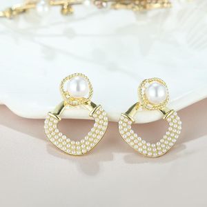 Stud Earrings Luxury Female Small Square Yellow Gold Color Wedding For Women Charm Geometric White Pearl