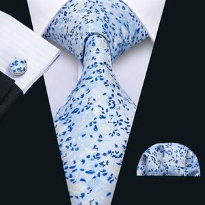 Sky Blue With white Flowers Small Fresh Mens Tie Hankerchief Cufflinks Set Silk Business Casual Party Necktie Jacquard Woven N-502248b