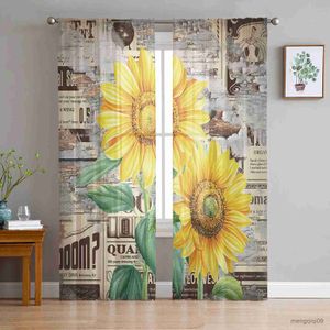 Curtain Sunflower Retro Plant Flower Tulle Curtains for Living Room Bedroom Decoration Chiffon Sheer Kitchen Window Curtain Drapes R230816