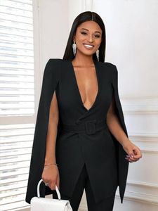 Women's Suits Black Blazers For Women V Neck Cloak Sleeve Slim Fit High Street Birthday Evening Party Jackets With Shoulder Pad Waist Belt