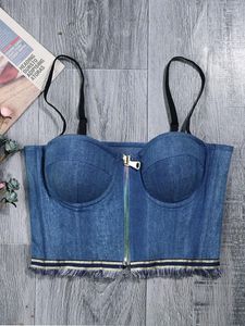 Kvinnors tankar denim Crop Top Fashion Cool Bustier Corset Women Zip Up Camisole Slim Croped Tank