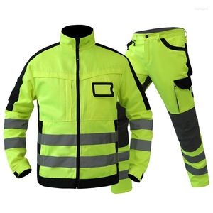 Men's Tracksuits High Visibility Workwear Suit Work Fluorescent Yellow Jacket And Pants Set With Multi Pockets Wear