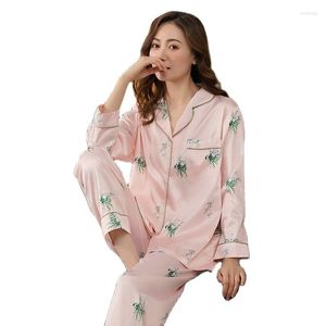 Pijama de seda para dormir feminina para mulheres de outono de pm pijamas de cetim ternos