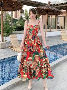 Casual Dresses 2023 Summer Women Sexy Strap Long Dress High Quality Fashion Tropical Plants Print Big Hem Beach Vacation