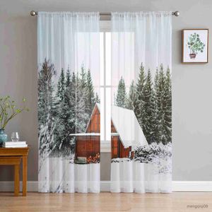 Gardin vinter snö trähus fönster behandling tyll moderna gardiner för sovrum vardagsrum ren gardiner hem kaffebutik dekor r230816