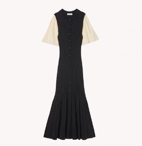 -Sandro Single Row Round Neck Hollowed Out Fishtail Dress Sticked midja Lång klänning för kvinnor