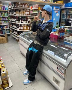 Jeans maschile y2k jeans badfriend lettera hip hop lettera stampata pantaloni neri uomini donne modella casual roccia largo piede vapore di streetwear 230815