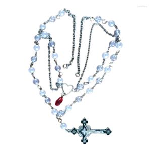 Chains Victorian Gothic Crossed Rosary Necklace With Chain Charm Handmade Sacred Imitation Pearls Beaded Multilayer