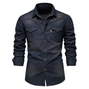Mens Casual Shirts Elastic Cotton Denim Shirt Men Long Sleeve Quality Cowboy for Slim Fit Designer Clothing 230815
