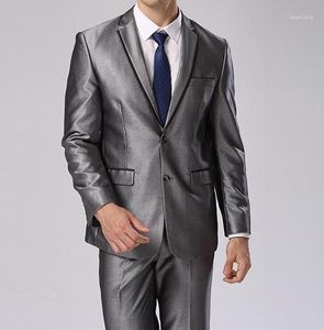 Men's Suits Arrival Groomsmen Shiny Grey Groom Tuxedos Notch Lapel Men Wedding/Prom Man Blazer ( Jacket Pants Tie ) C374