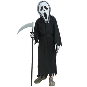 Special Occasions Halloween Horror Screaming Ghost Costume Kid Terrible Black Robe Dress Up Devil Dark Messenger Scythe Cosplay Set Mask 230815