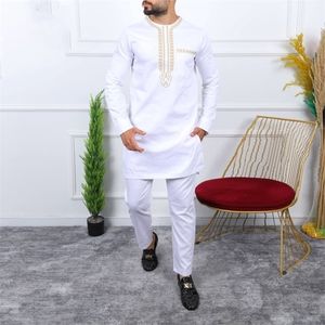 Mensu -trajes Africano Duas peças Conjuntos redondos de bolso de bolso casual Casual Impressão longa Camisa de manga longa e calça estilo étnico desgaste 230815