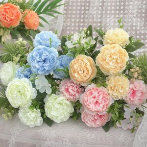 Dekorativa blommor realistiska konstgjorda pionbukett som inte är vederbörliga återanvändbara bröllopspo-rekvisita för heminredning 6 huvuden ingen vattning behövs