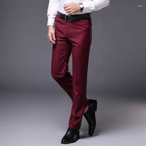 Men's Pants Mens Slim Fit Straight Flat-front Causal Trousers Male Business Formal Wine Red