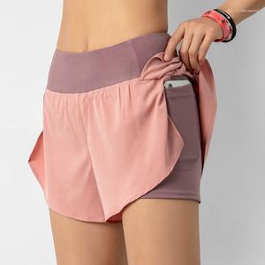 Running Shorts Damen Sport High-T-Taisten Yoga Kurz geschnittene zwei in One Pocket Fitness Kurznacht Run Fitness Sportwege Reflektierende Anti-Roose