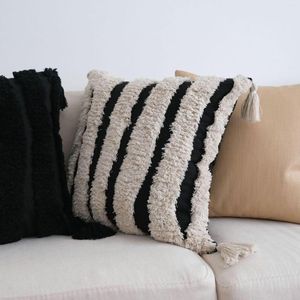 Pillow Cotton And Linen Tufted Tassel Cover Boho Beige Black Flocked Embroidered Cases Decorative Throw
