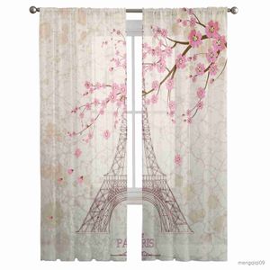 Curtain Cherry Blossom Paris Tower Tulle Curtains for Living Room Bedroom Decoration Chiffon Sheer Kitchen Window Curtain Drapes