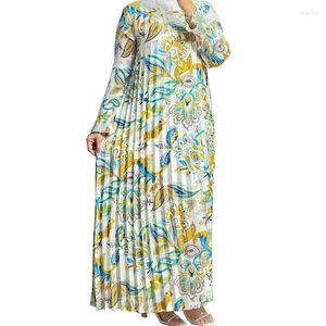 Ethnic Clothing Floral Printed Muslim Islamic Satin Dress Hijab Pleated Abaya Dubai Turkey Kaftan Robe African Maxi Dresses For Women