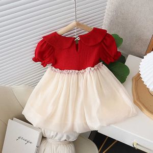 Flickans klänningar Girls 'Dress Summer New Doll Neck Bow Little Bear Edition Children's Thin Short Sleeve Cotton Kjol