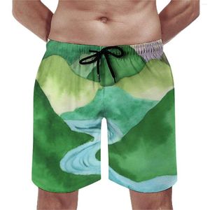 Shorts masculinos abstrato na montanha tábua de impressão diária machos praia arte aquarela arte grande tamanho de nadação troncos clássico