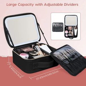 Makeup Travel Train Case With Mirror LED Light 3 Färg Justerbar ljusstyrka Kosmetisk väska Portable Lagring Justerbar partition Vattentät Makeupborstar Makeup