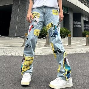 Mens Jeans 2023 ropa grunge y2k streetwear baggy staplade rippade byxor män kläder grafik broderi hip hop jenim byxor pantalon