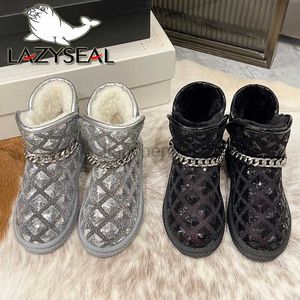 Buty Lazyseal Metal Cain Waterproof Waterproof Women Snow Boots ciepłe pluszowe buty podszewki 3 cm Obcasy w szachownicy Kobiety Zimowe kostki bootsl0816