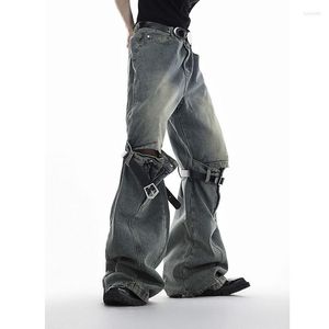 Mäns jeans retro blossade hög midja tredimensionell bältes sömmar casual denim byxor rippade cowboy långa byxor