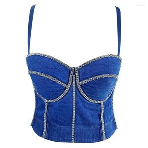 Women's Tanks Denim Tank Tops For Women Rhinestones Decoration Sexy Corset Vest Retro Bustier Bra Female Camisole Cropped Top Y563