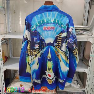 Mens Casual Shirts Japan City Night Racing Print CASABLANCA Long Sleeve Shirt Men Women Hawaii Beach Thin Fabric Holiday Blouse 230815