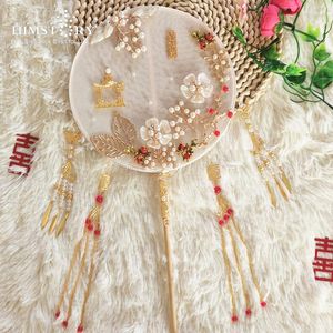 Bröllopsblommor HIMSTORY Kinesisk vintage Round Silk Hand Fan 3D Flower Ladies Dance Bouquet Fans Favors