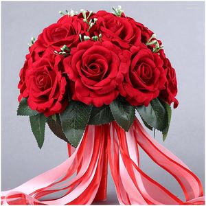 Свадебные цветы невеста Букет цветок китайский красный креативная подружка невесты с ленточными реквизитами 15 ПК РОЗЫ