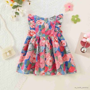 Vestidos de menina meninas meninas vestido de verão Manga de mosca redonda Óleo pintura a óleo floral Princess Dress roupas R230816