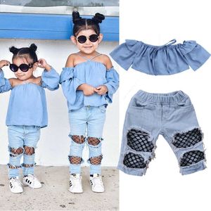 Conjuntos de roupas 2 pçs recém-nascidos crianças roupas da menina do bebê azul ombro colheita topos denim buraco calças outfits bebê verão conjunto 1-4y