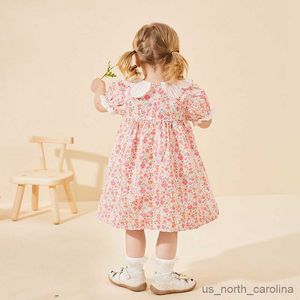 Vestidos de menina vestido princesa vestido infantil menina bebê verão rosa vestido floral colarinho de casca de caia de saia de saída r230816