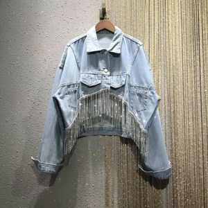 Womens Jackets Fall Fashion Ladies Denim Short Jacket With Rhinestone Fringe Loose Top 230815