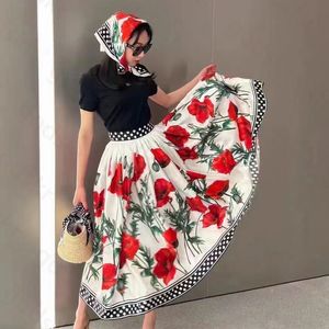 Luxury Flower Print Women Vest Skirt High Waisted Skirt Retro Style Camisole Casual Long Skirt Blouse Set