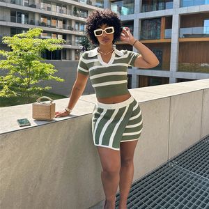 Two Piece Dress Stripe Color Patchwork Knitted Two Piece Dress Set Women Polo-neck Short Sleeve Crop Top Bodycon Mini Skirts Casual Summer Suits 230815