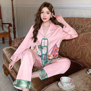 Women's Sleepwear Pajamas Suit With Button Satin Home Clothes Spring Nightwear Intimate Lingerie Lapel Women Two Pieces Pijama Sleep Set