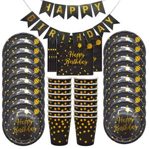 Other Event Party Supplies 49Pcs Gold Dot Happy Birthday Dinnerware Set Paper Black Plates Napkins Cups For Men Women Tableware Decor 230815