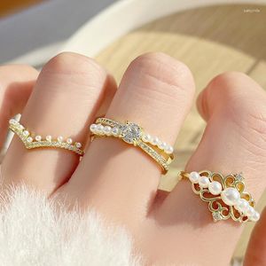 Anelli a grappolo di lusso Golden Pearl Zircon Women 2023 French Vintage Sexy Open Ring Party Co- Fashion Elegant Jewelry Gift