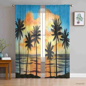 Cortina oceano tropical aquarela moderna cortinas puras para sala de estar cortinas de tule de tule cortana de janela decoração de hotel de cozinha r230816