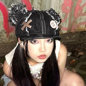 Berets Japanese Niche Retro Cute Brown Bear Ears Caps for Women and Men Y2k Short Brim Show Face Small Octagonal Hats Gorras