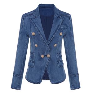 Botões femininos Blazers de alta qualidade designer de moda blazer Botões de leão de metalas de jeans de peito duplo Jaqueta externa 230815