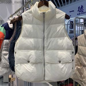 Women's Down Parkas Winter Autumn Fashion Women's Standing Collar Solid ärmlös midja varm väst Kvinnors löst passande Chic White Duck Down Jacket Z230817