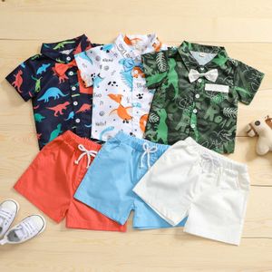 Conjuntos de roupas verão bebê meninos roupas 2 pçs manga curta dinossauro botão-down colarinho arco blusa simples cordão calças curtas conjuntos