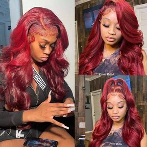 99j Burgundy 220%density Lace Front Human Hair Wig Brazilian Red Colored Wigs Hd Transparent Body Wave 13x6 Human Hair Lace Frontal Wig