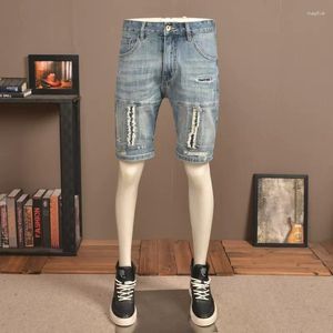 Jeans de jeans designer de moda de verão masculino retro azul elástico slim fit rasgado curto spliced ​​hip hop jeans hro -hombre