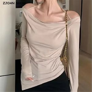 Womens TShirt Sexy Halter Ruched Slash Off Shoulder Full Sleeve T Shirt Women Slit Hem Ruched Side Slim Tshirt Asymmetric Tee Tank Tops 230815